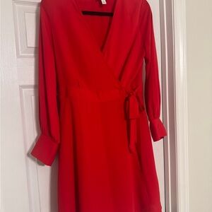 Nine West Vibrant Red Long Sleeve Wrap Dress
